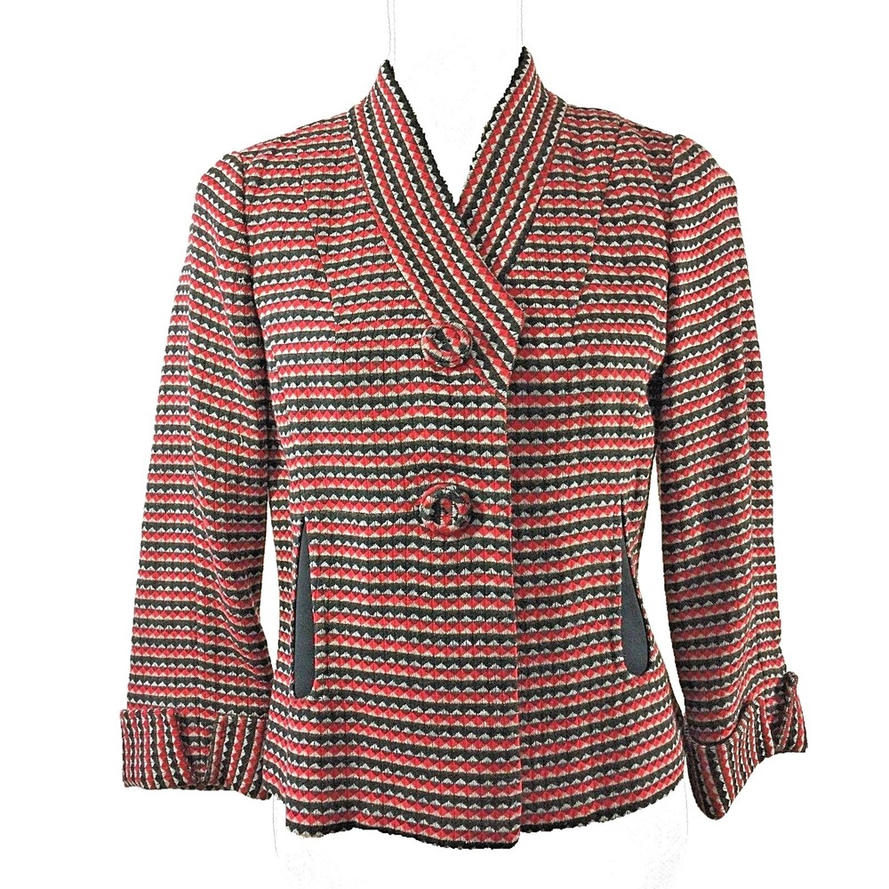 Etcetera Blazer 2 Red Black‎ Woven Diamond Tweed Jacket Wool Bl Pocket Business